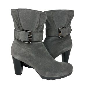 La Canadienne Gray Suede Heeled Bootie with Buckle Detail